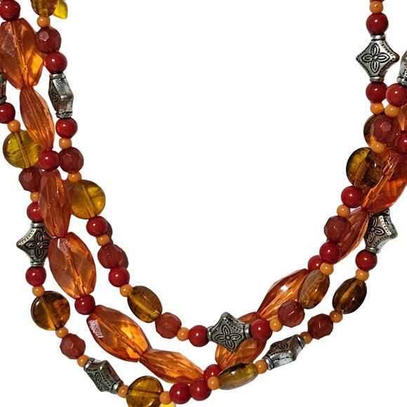 Vintage Retro 70s Red Orange Beaded Multi Layer Necklace Fashion Jewelry Women - Picture 2 of 4